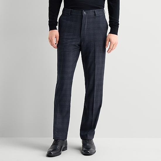 J. Ferrar 4 Way Stretch Plaid Mens Straight Fit Dress Flat Front Pant