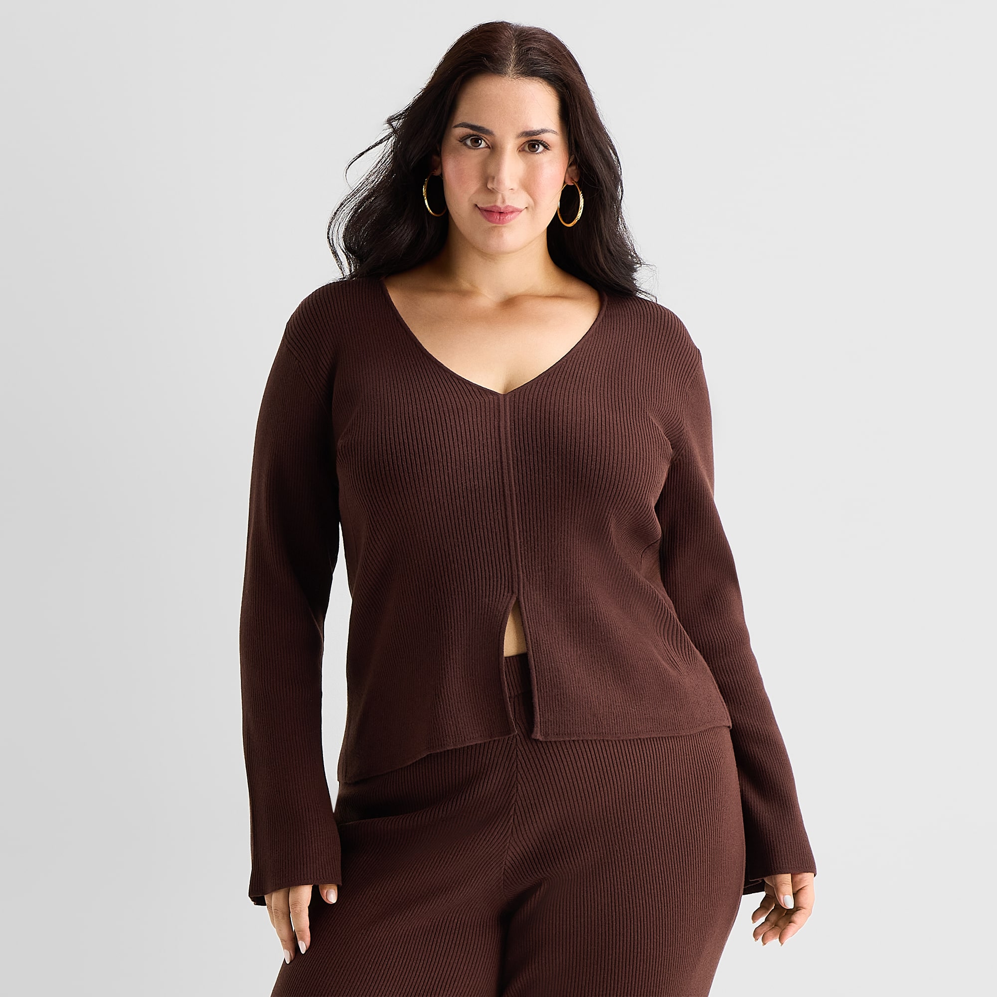 Bold Elements Plus Womens V Neck Long Sleeve Pullover Sweater