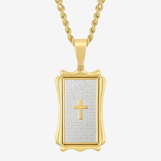 Lord'S Prayer Mens Stainless Steel Cross 24 Inch Pendant Necklace