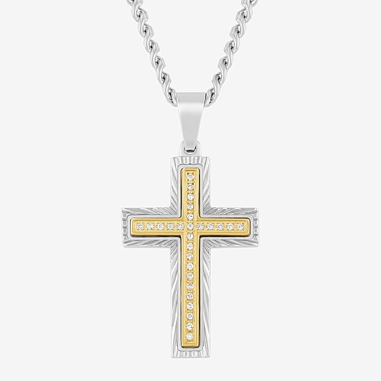 (H-I / I2-I3) Mens 1/8 CT. T.W. Natural White Diamond Stainless Steel Cross 24 Inch Pendant Necklace