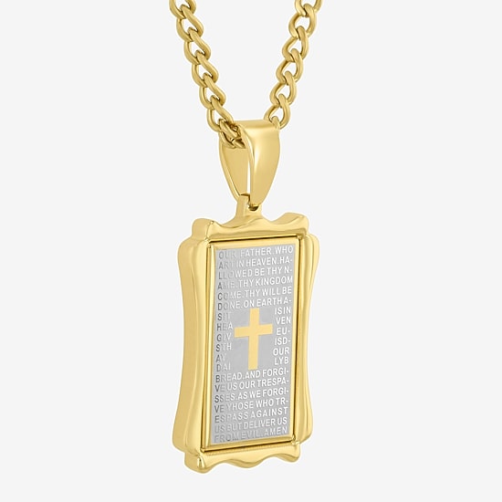 Lord'S Prayer Mens Stainless Steel Cross 24 Inch Pendant Necklace