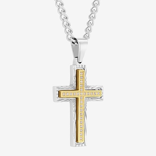 (H-I / I2-I3) Mens 1/8 CT. T.W. Natural White Diamond Stainless Steel Cross 24 Inch Pendant Necklace