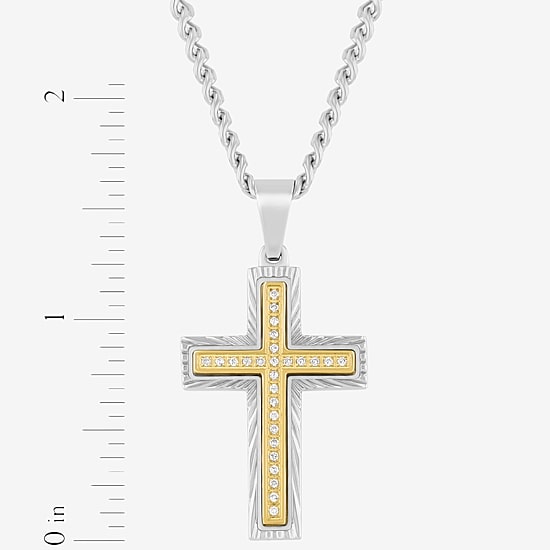 (H-I / I2-I3) Mens 1/8 CT. T.W. Natural White Diamond Stainless Steel Cross 24 Inch Pendant Necklace