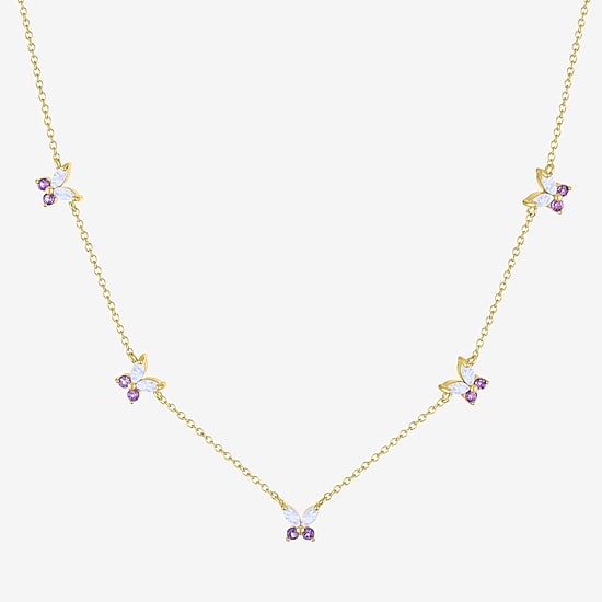 Womens Lab Created White Opal 14K Gold Over Brass Butterfly 16 Inch Pendant Necklace