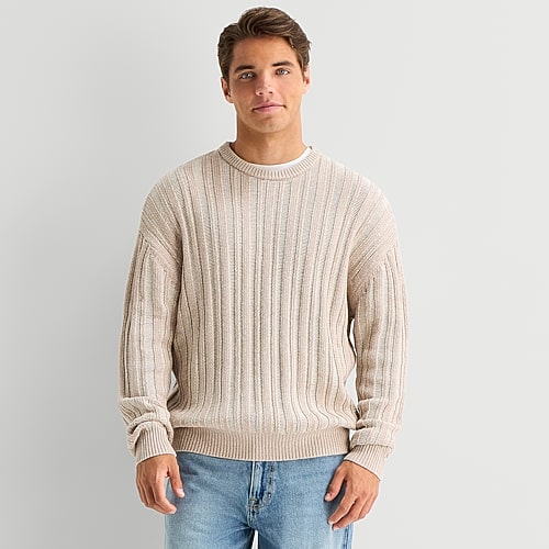 Arizona Mens Crew Neck Long Sleeve Pullover Sweater In Beige
