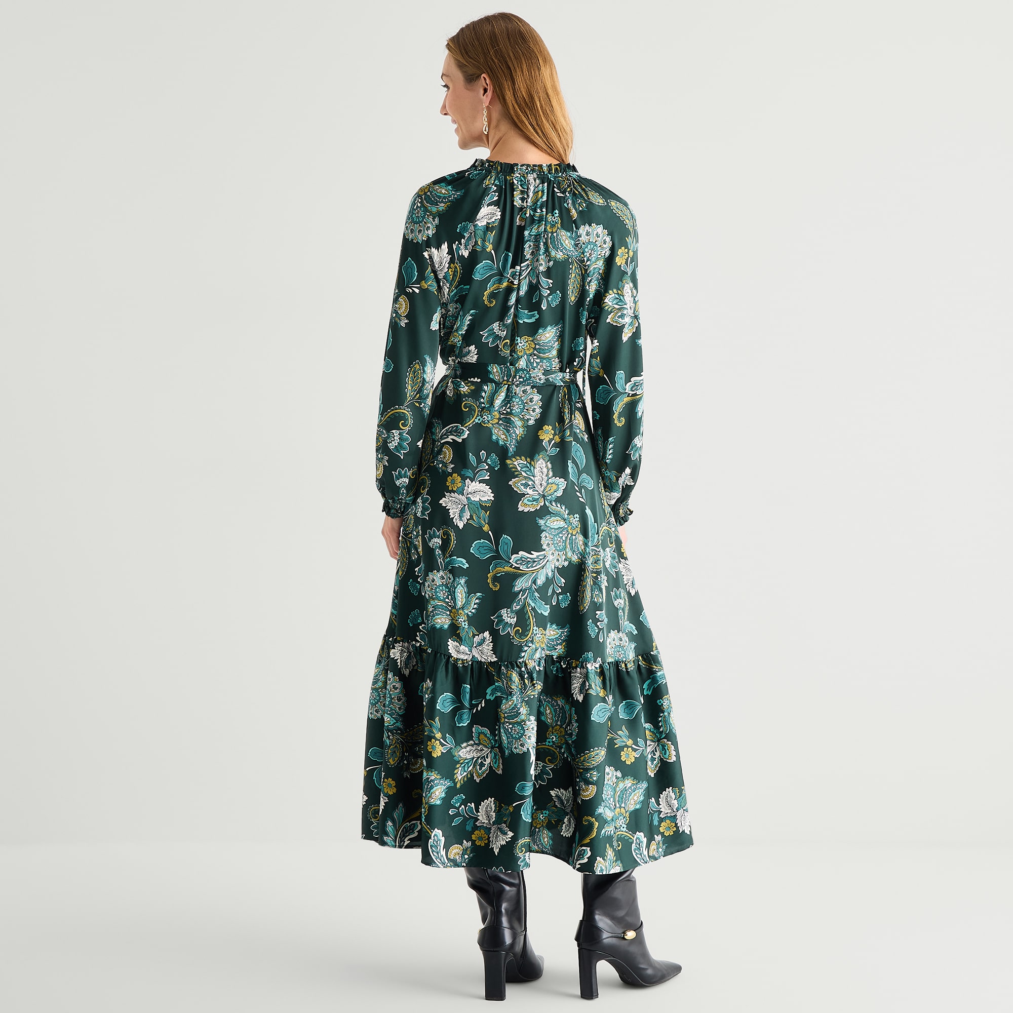 Liz Claiborne Womens Tall Split Tie Neck Long Sleeve Cuffed Satin Paisley Fit + Flare Dress