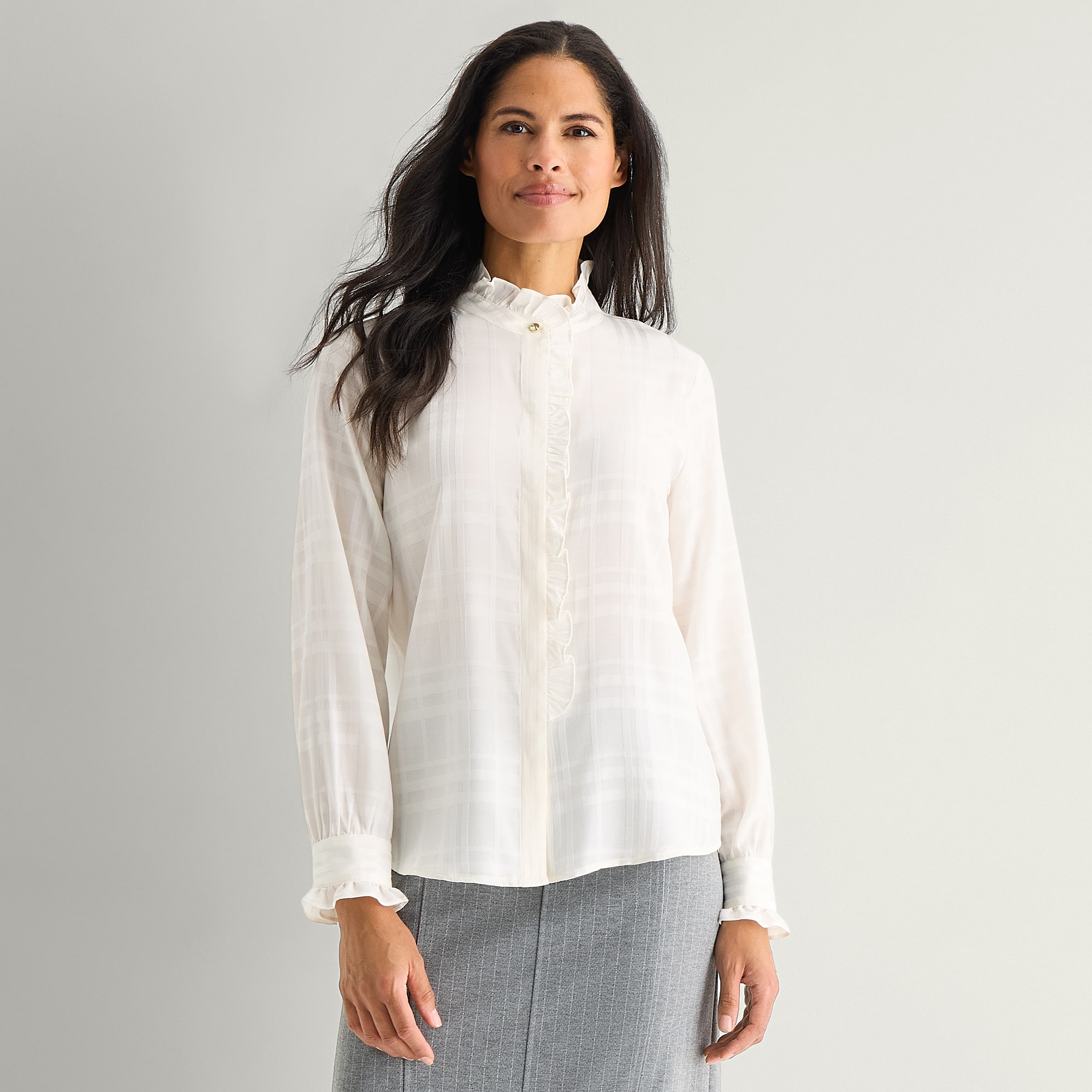 Liz Claiborne Womens High Neck Long Sleeve Ruffled Blouse