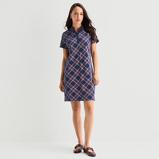 St. John's Bay Womens Short Sleeve Plaid A-Line Dress
