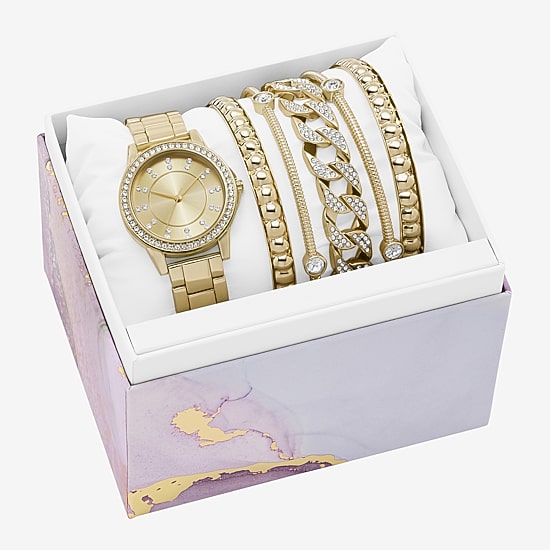 Ladies Boxed Sets Womens Crystal Accent Gold Tone 6-pc. Watch Boxed Set Fmdjset370