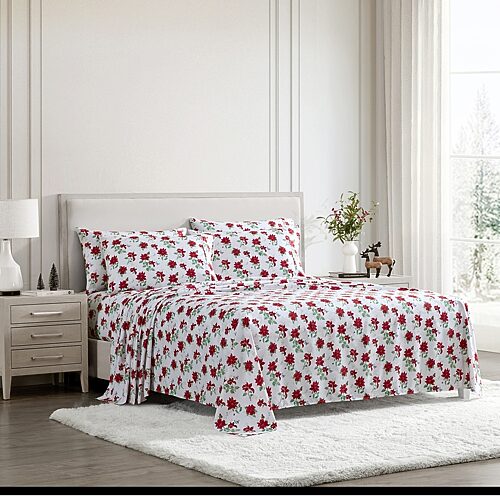 Lenox Printed Microfiber 6-Piece Sheet Set, Full - Butterfly Poinsettia Red