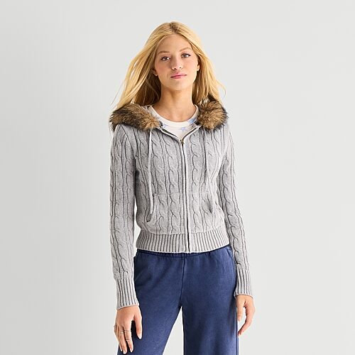 Arizona Womens Juniors Hooded Long Sleeve Zipper Cardigan In Gray