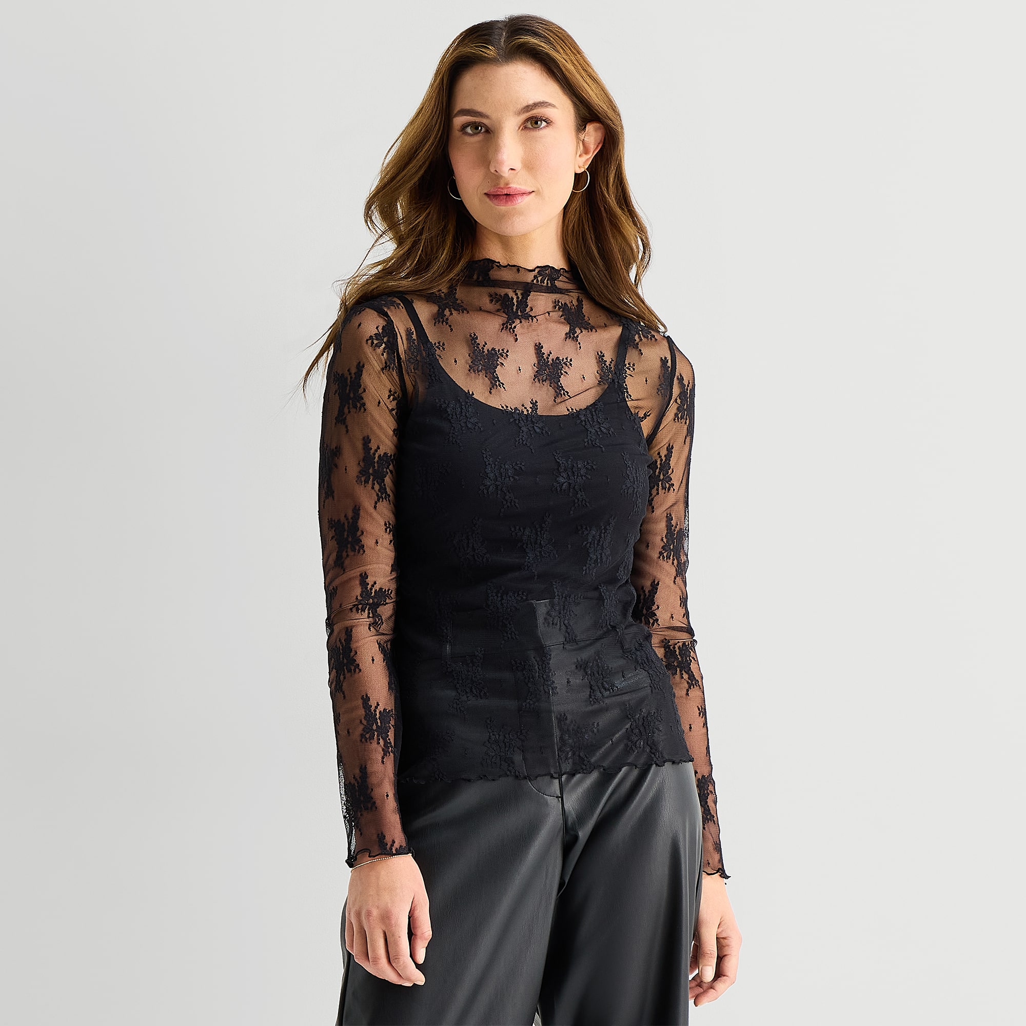 A.N.A Womens Funnel Neck Long Sleeve Lace T-Shirt