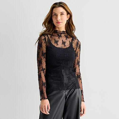Ana Womens Funnel Neck Long Sleeve Lace T-shirt In Black