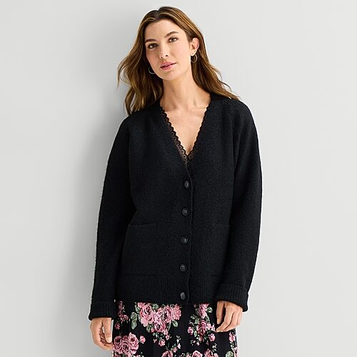 Ana Womens V Neck Long Sleeve Button Cardigan In Black