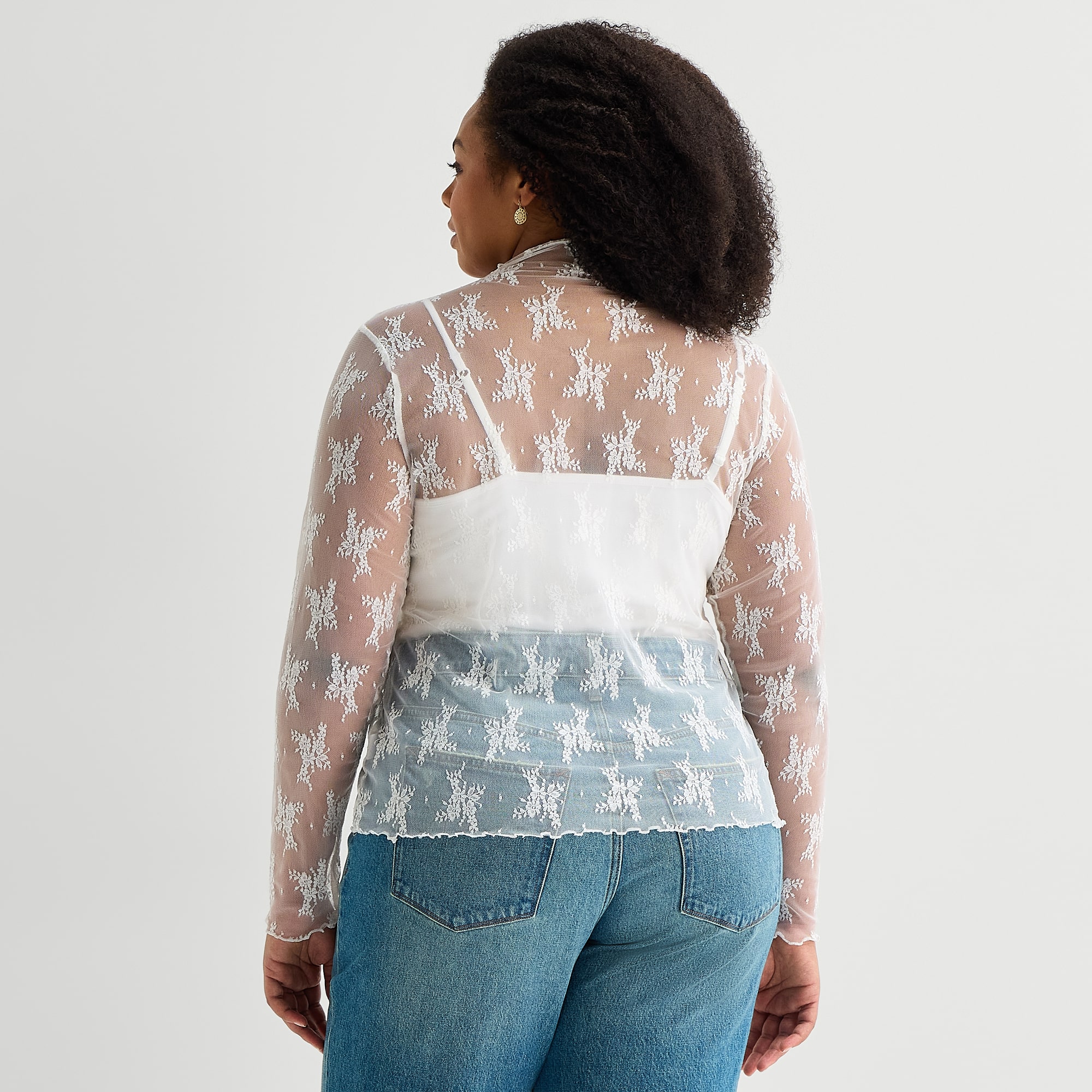 A.N.A Womens Plus Funnel Neck Long Sleeve Lace T-Shirt