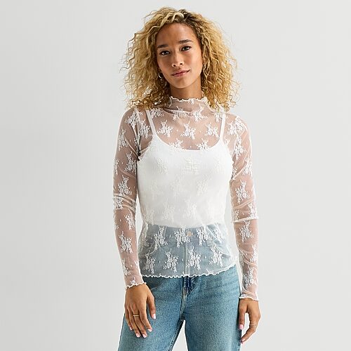 Ana Womens Funnel Neck Long Sleeve Lace T-shirt In White
