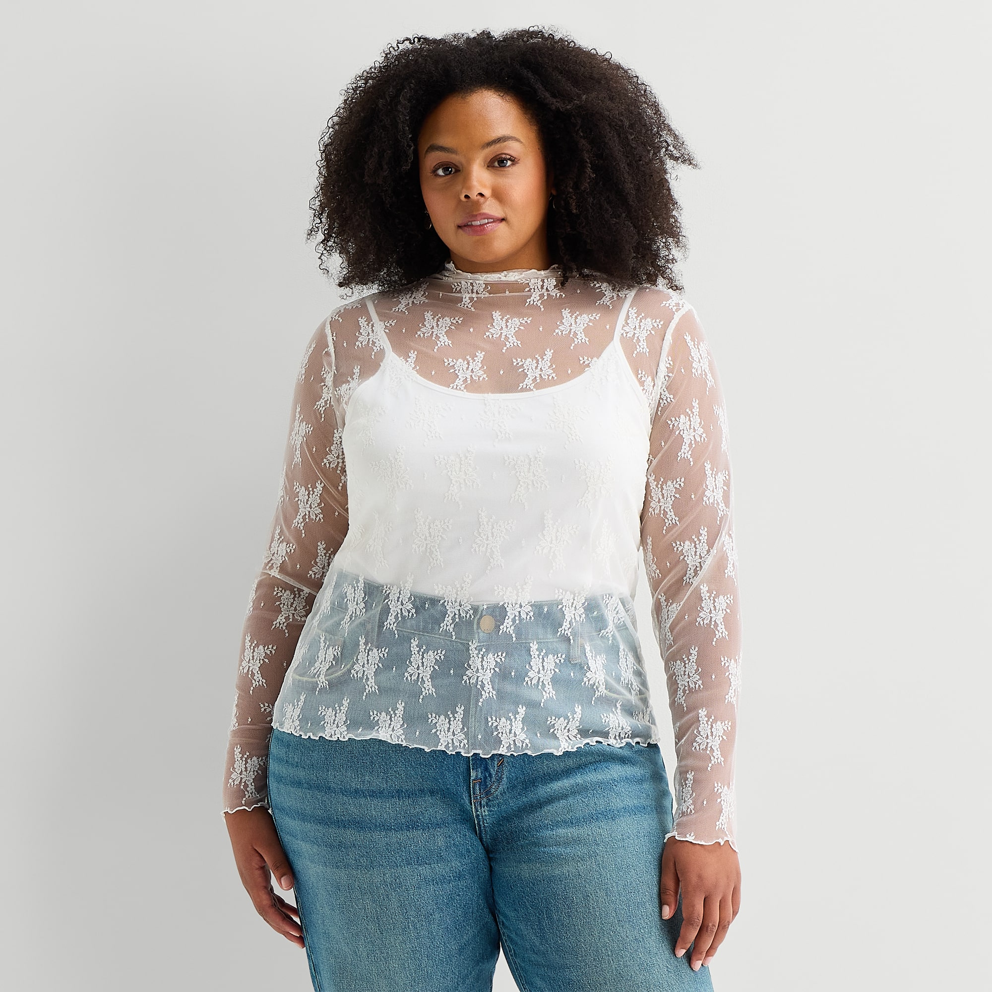 A.N.A Womens Plus Funnel Neck Long Sleeve Lace T-Shirt