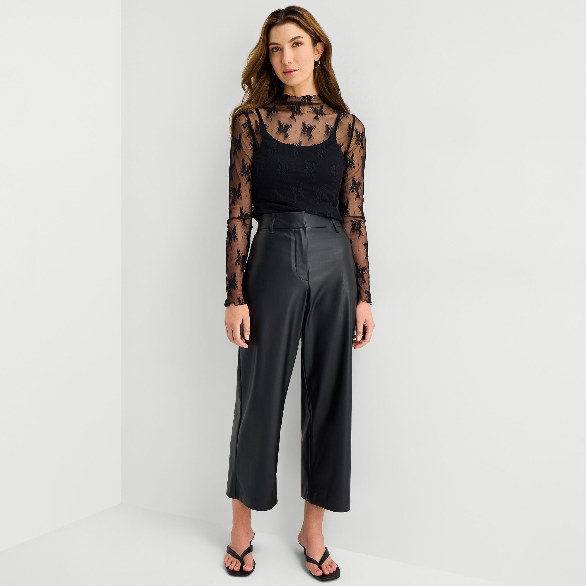 A.N.A Womens Funnel Neck Long Sleeve Lace T-Shirt