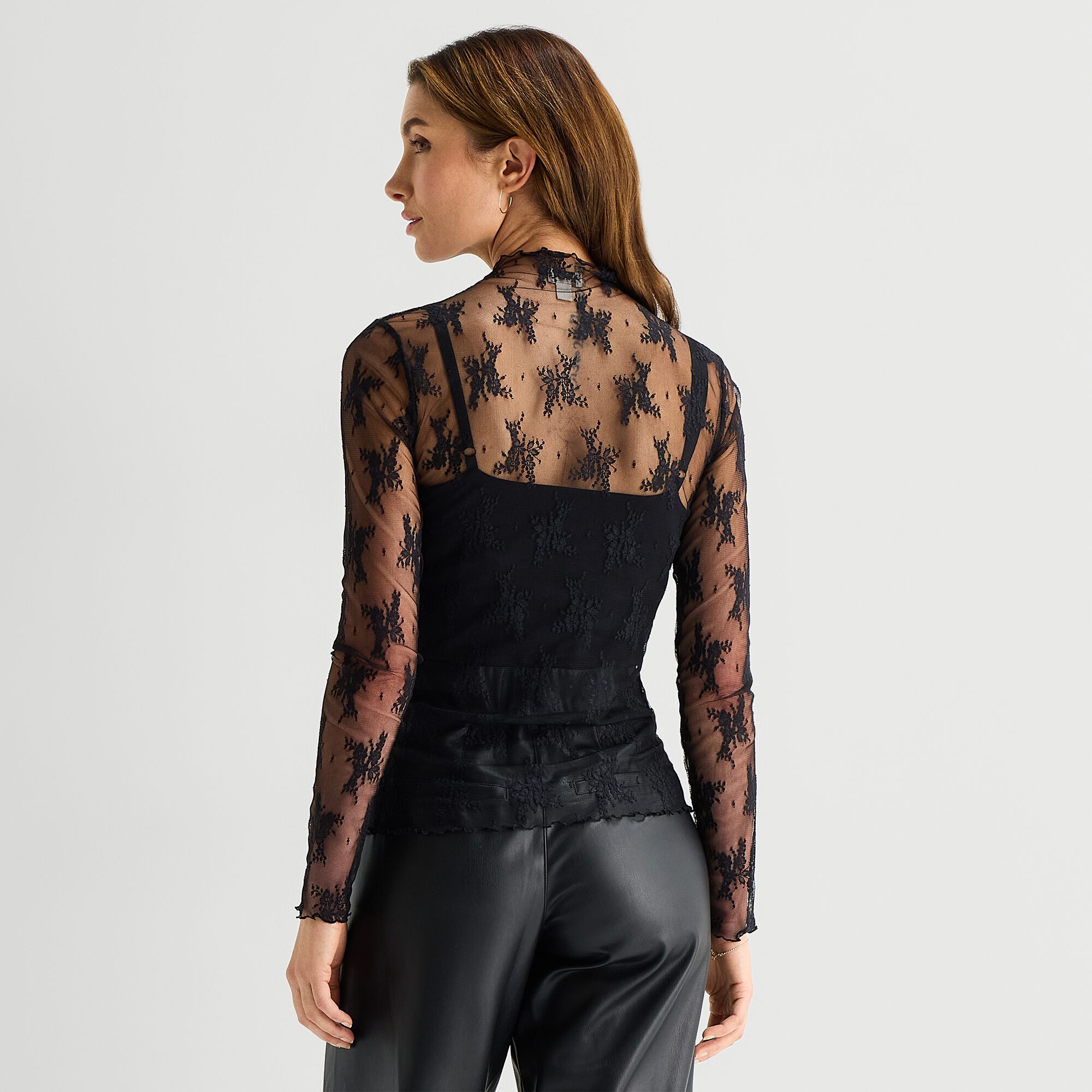 A.N.A Womens Funnel Neck Long Sleeve Lace T-Shirt