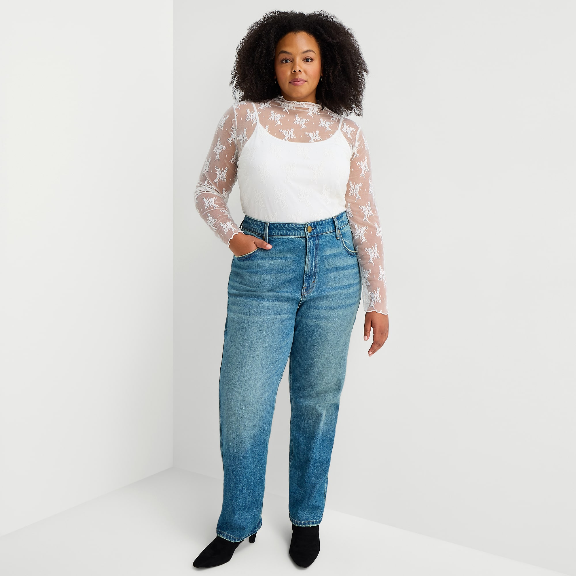 A.N.A Womens Plus Funnel Neck Long Sleeve Lace T-Shirt