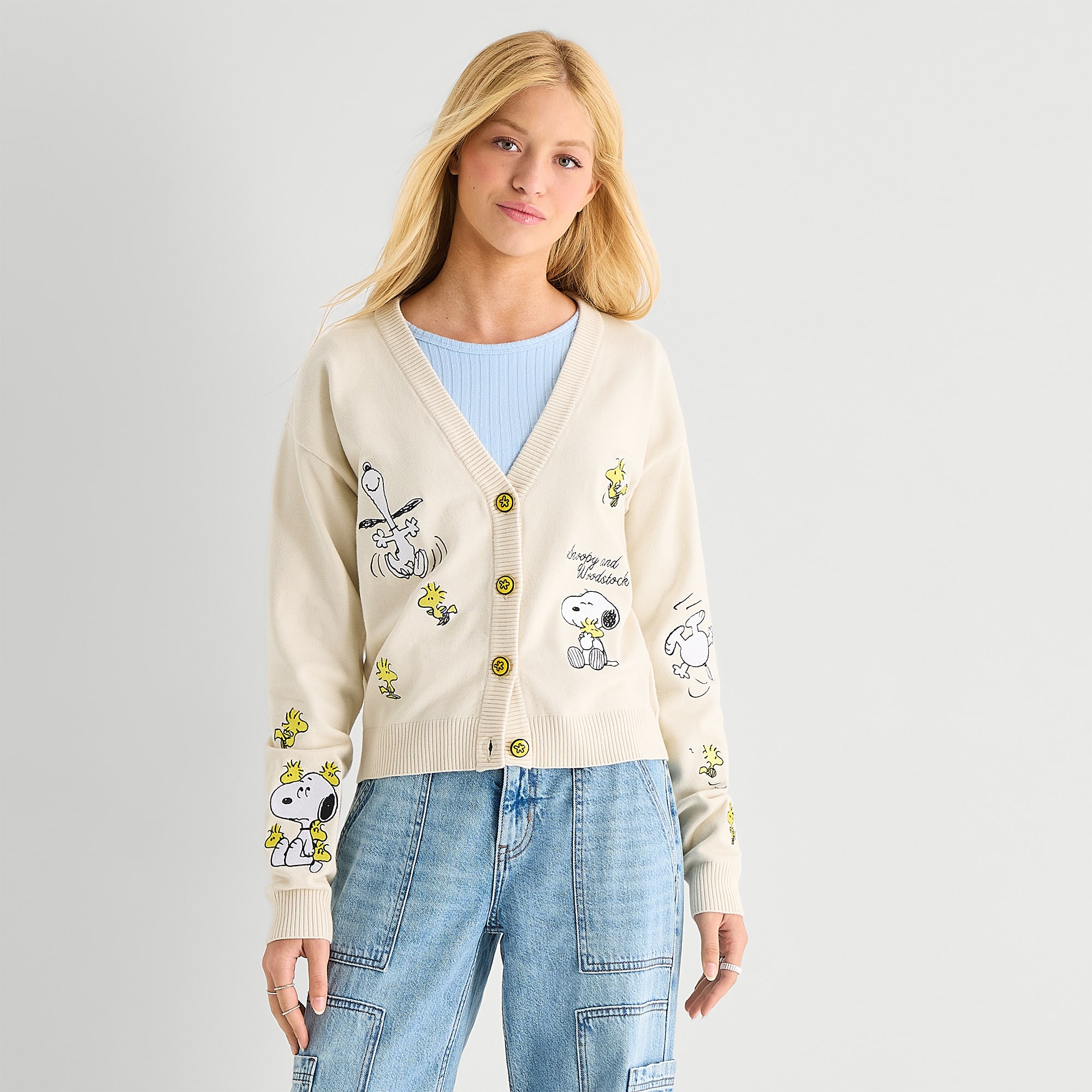 Snoopy Cardigan Womens Plunging Neck Long Sleeve Button Juniors