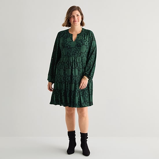 Perceptions Womens Plus V Neck Long Sleeve Floral Shift Dress