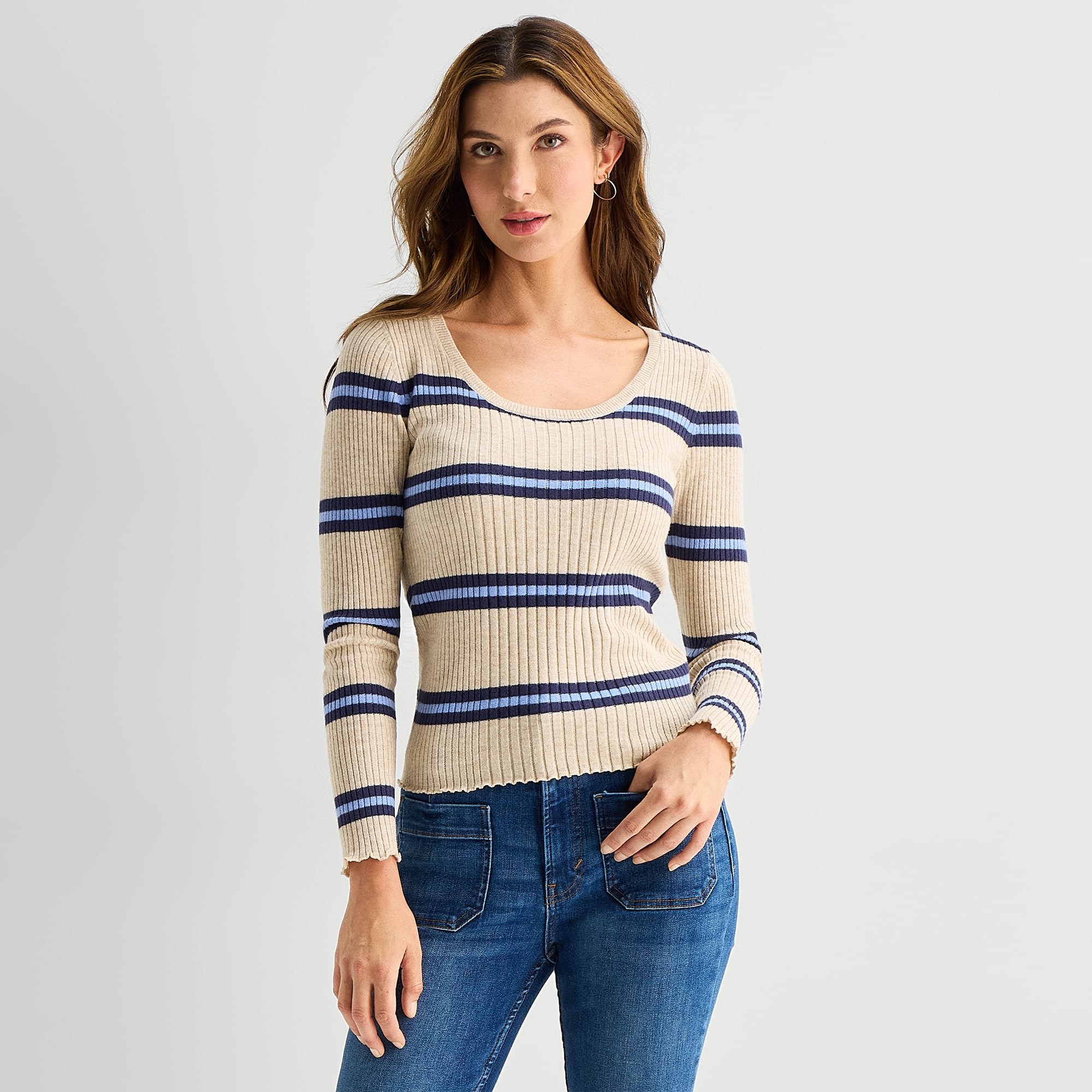 A.N.A Womens Scoop Neck Long Sleeve Striped Pullover Sweater