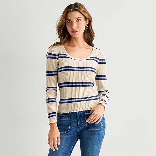 Ana Womens Scoop Neck Long Sleeve Striped Pullover Sweater In Blue