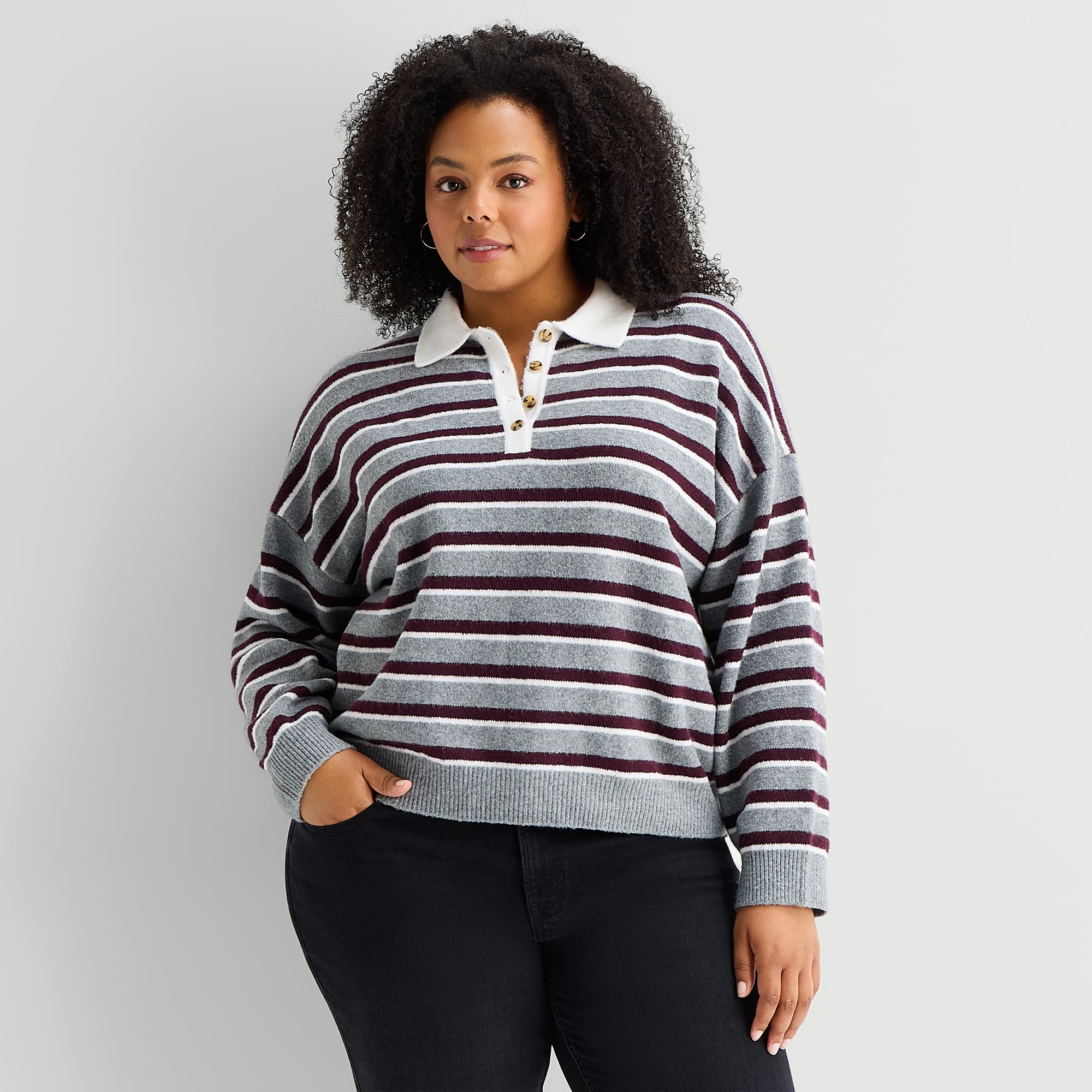 A.N.A Plus Womens Long Sleeve Striped Pullover Sweater