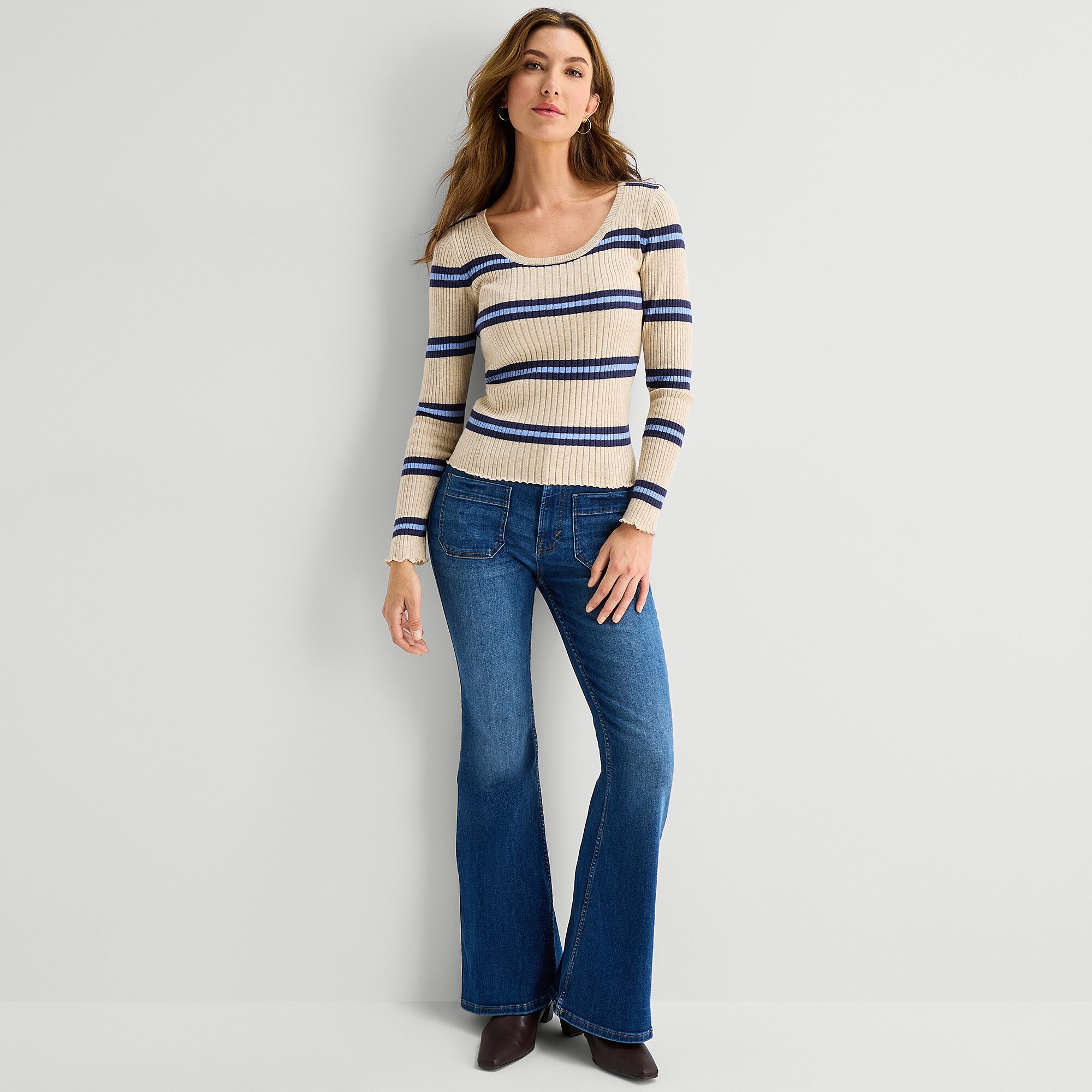 A.N.A Womens Scoop Neck Long Sleeve Striped Pullover Sweater