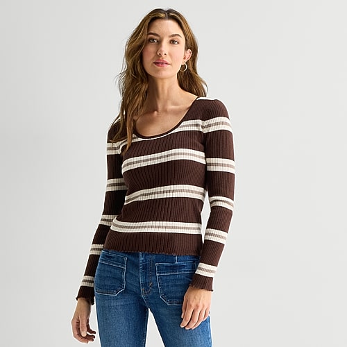 Ana Womens Scoop Neck Long Sleeve Striped Pullover Sweater In Brown