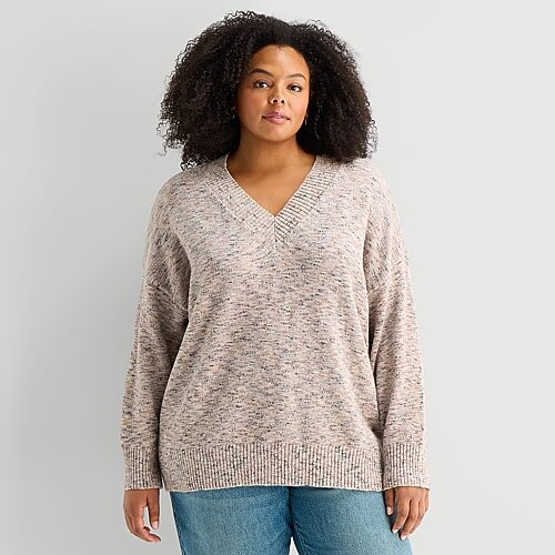 Ana Plus Womens V Neck Long Sleeve Pullover Sweater In Gray