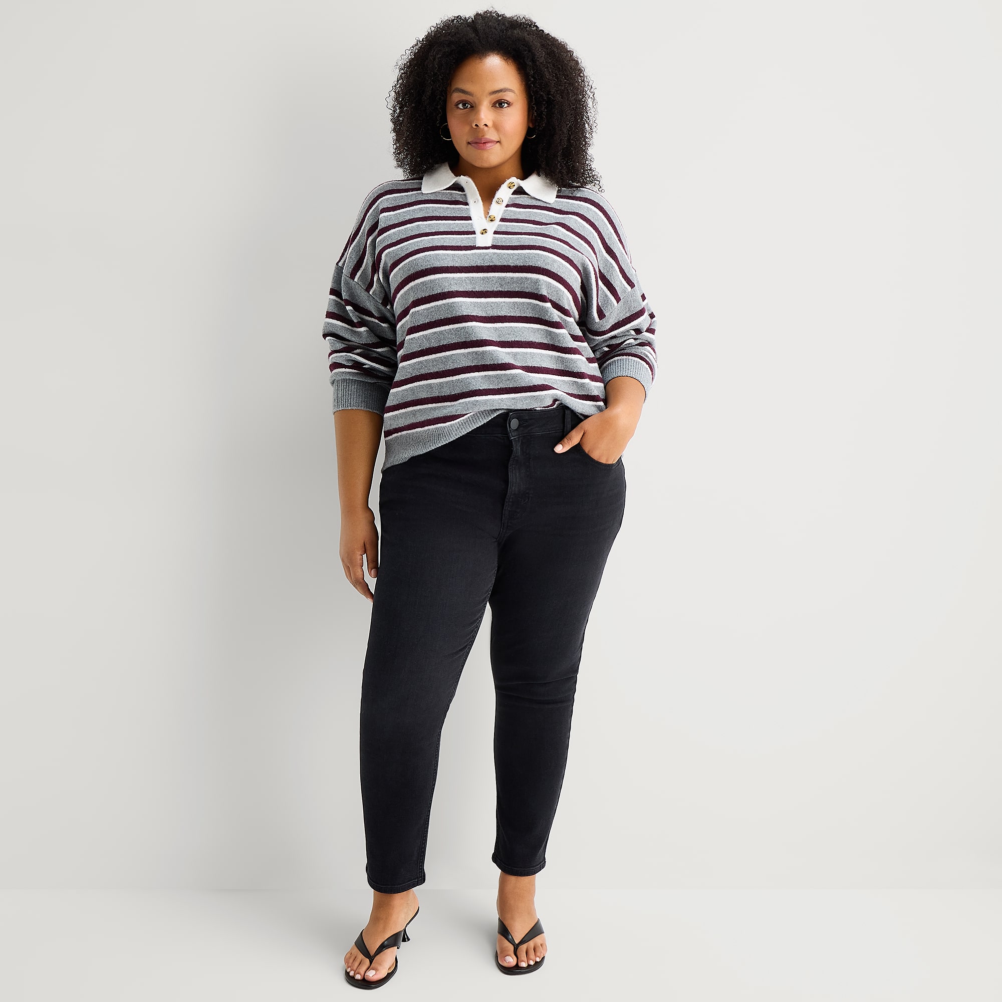 A.N.A Plus Womens Long Sleeve Striped Pullover Sweater