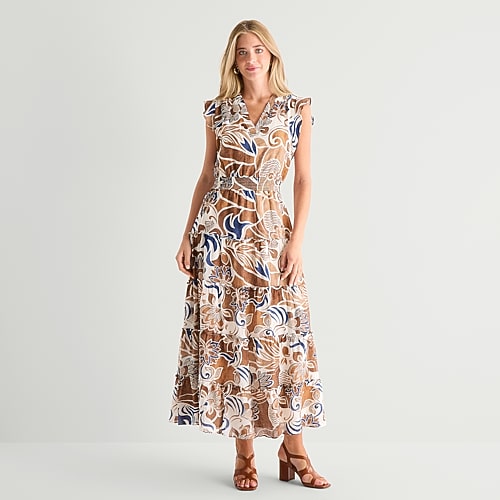 Msk Womens V Neck Short Sleeve Flutter Maxi Dress In Brown