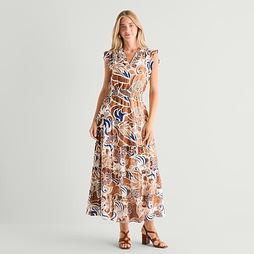 Msk Women's Flutter-Sleeve Smocked-Waist Maxi Dress - Bone White