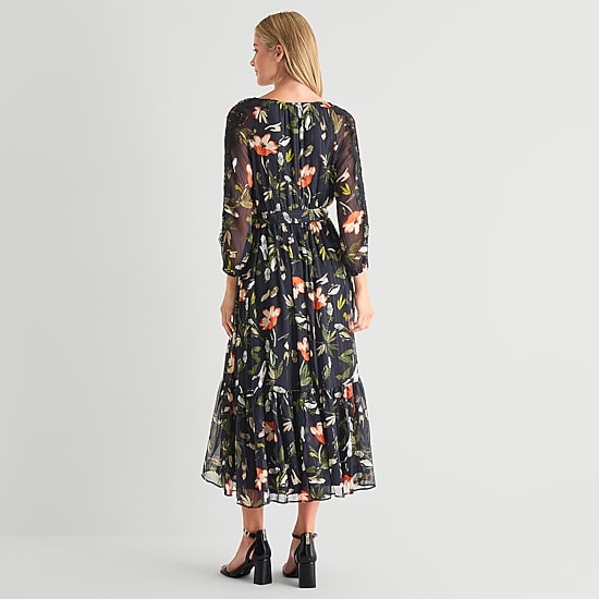 MSK Womens Split Tie Neck Long Sleeve Balloon Chiffon Maxi Dress