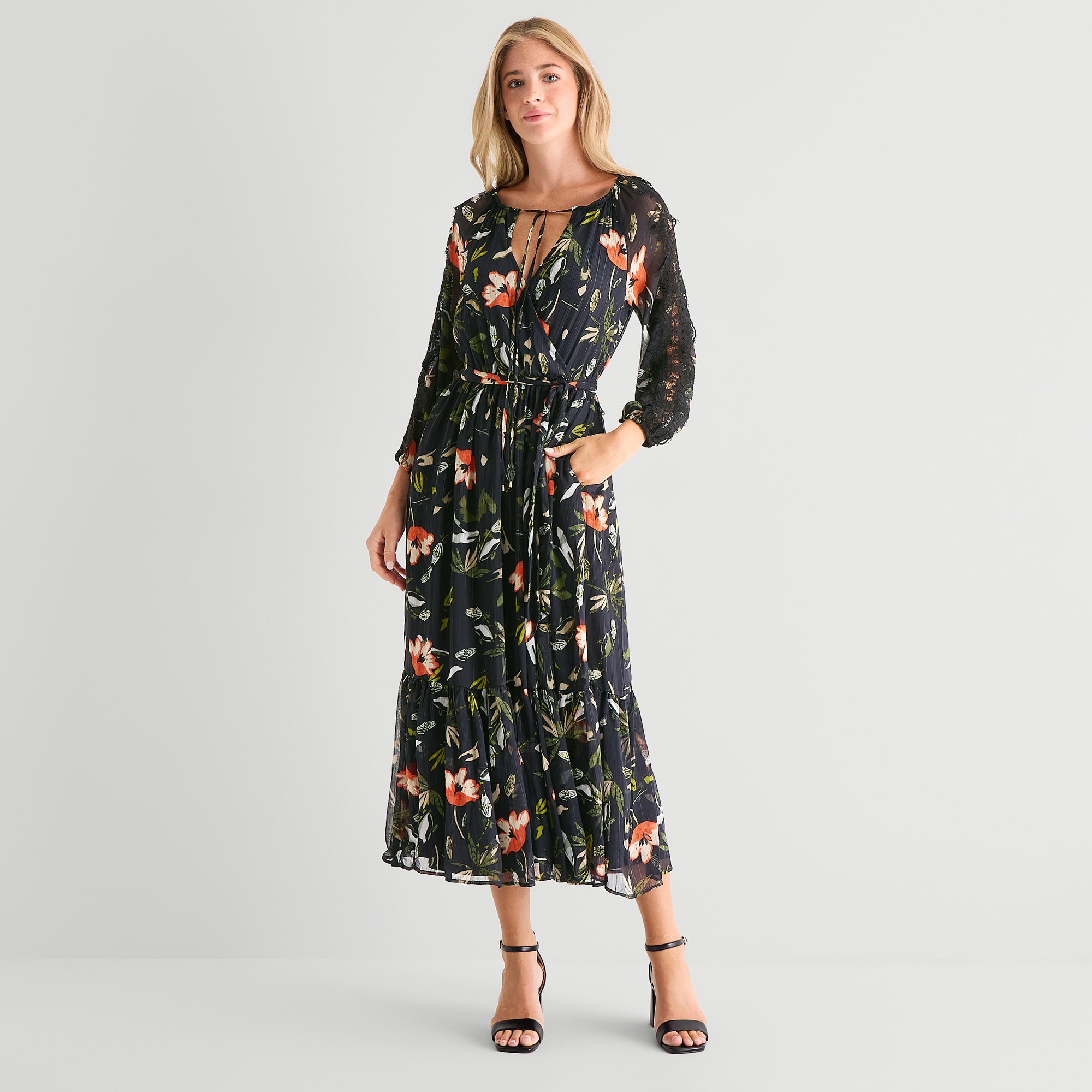 MSK Womens Split Tie Neck Long Sleeve Balloon Chiffon Maxi Dress