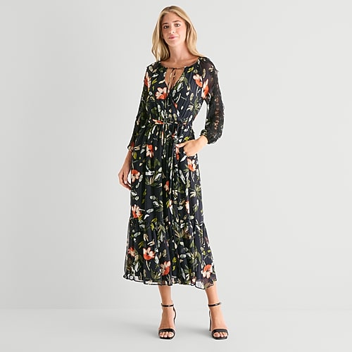 Msk Womens Split Tie Neck Long Sleeve Balloon Chiffon Maxi Dress In Black