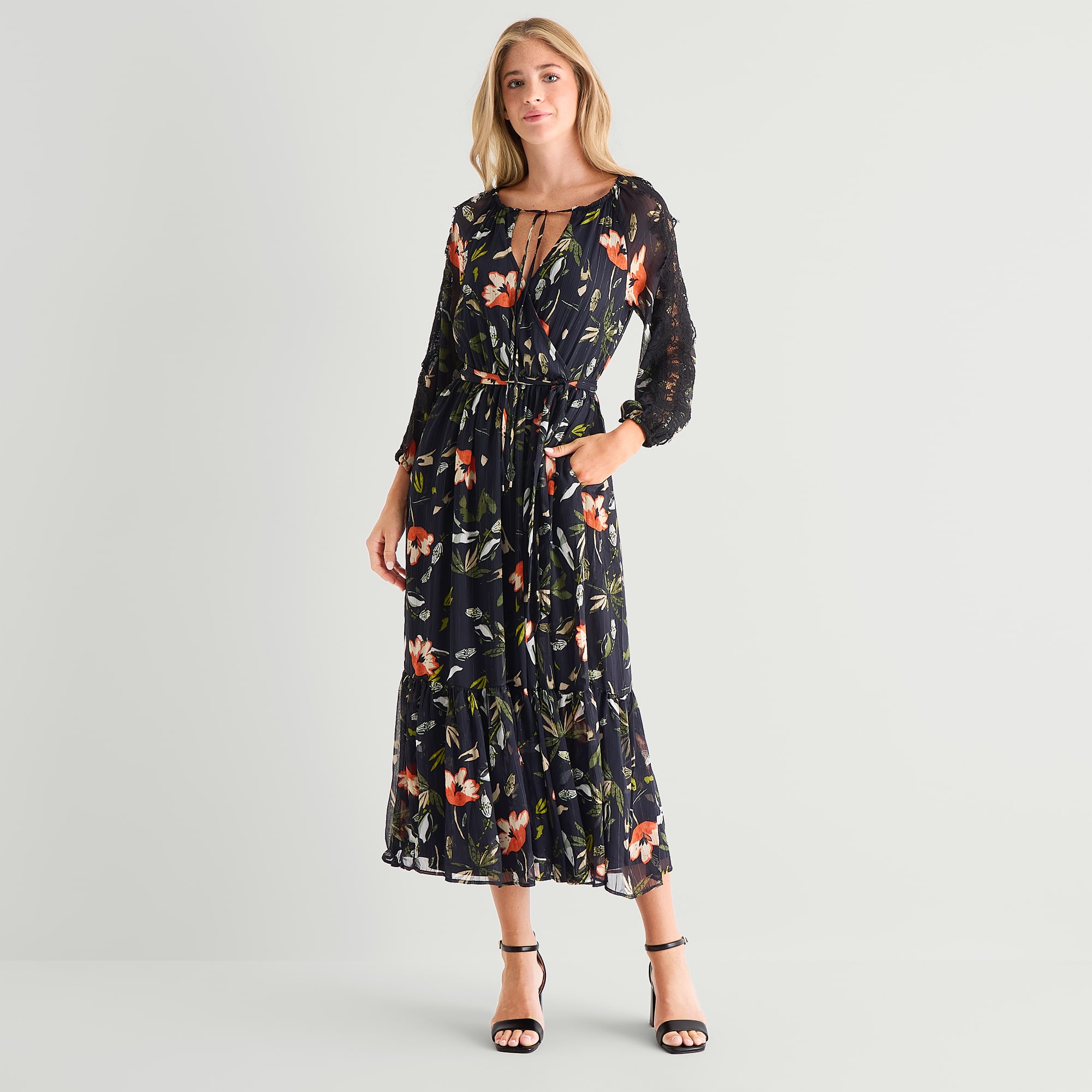 MSK Womens Split Tie Neck Long Sleeve Balloon Chiffon Maxi Dress