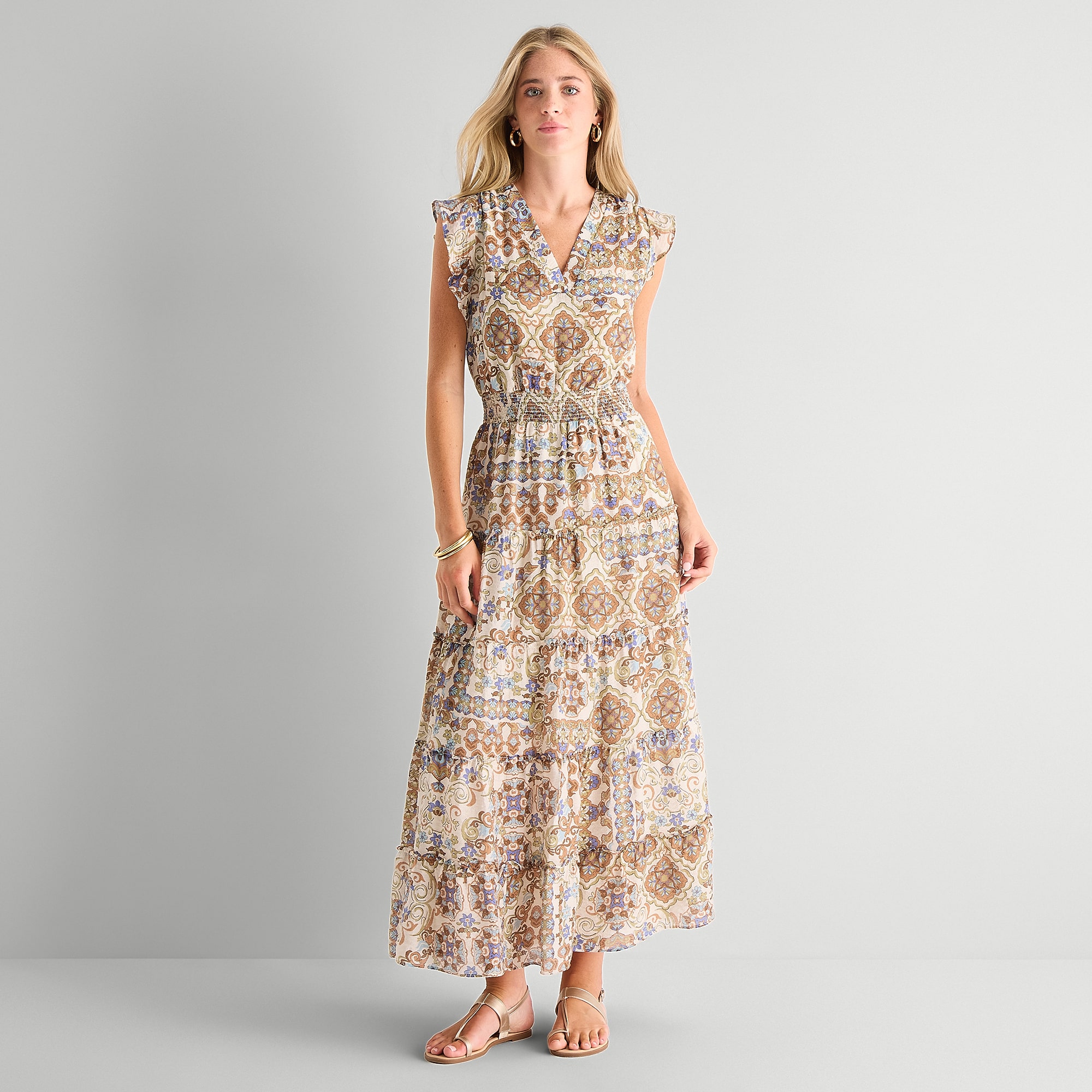 MSK Womens V Neck Sleeveless Flutter Maxi Dress