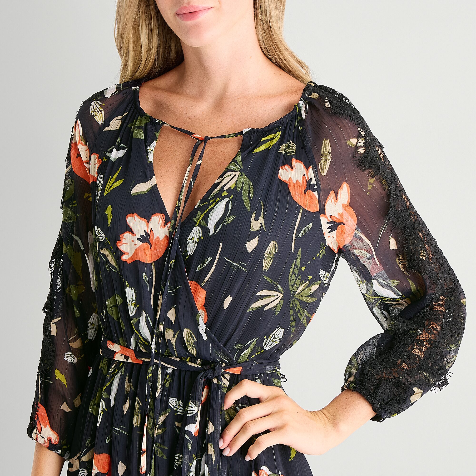 MSK Womens Split Tie Neck Long Sleeve Balloon Chiffon Maxi Dress