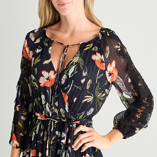 MSK Womens Split Tie Neck Long Sleeve Balloon Chiffon Maxi Dress