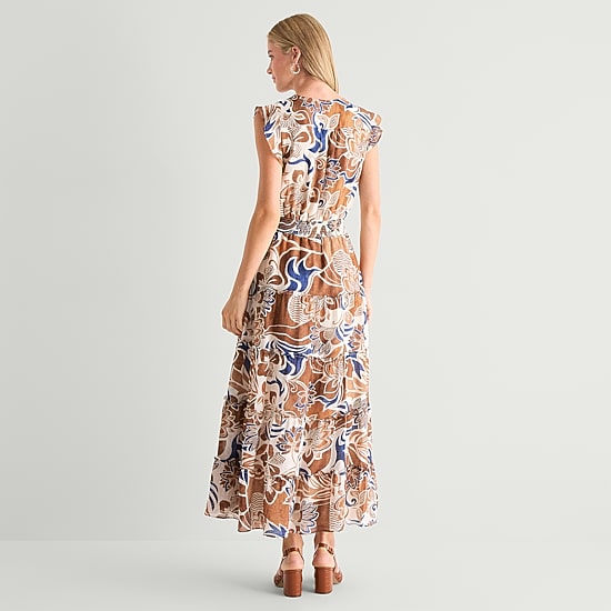 MSK Womens V Neck Sleeveless Flutter Maxi Dress