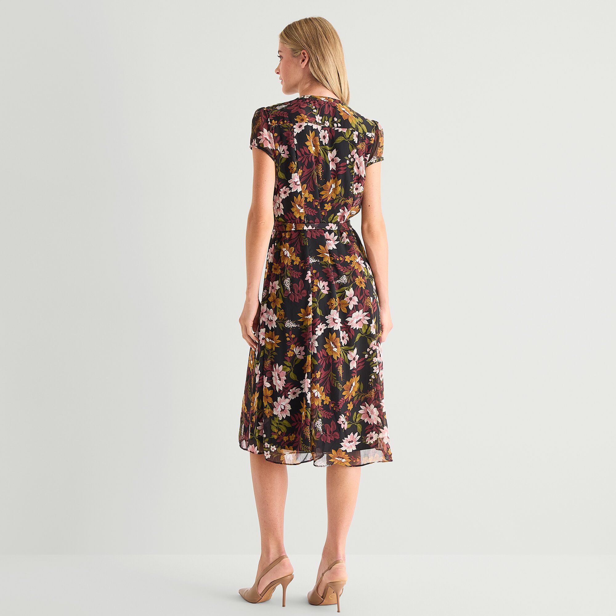 MSK Womens V Neck Short Sleeve Cap Chiffon Floral Fit + Flare Dress