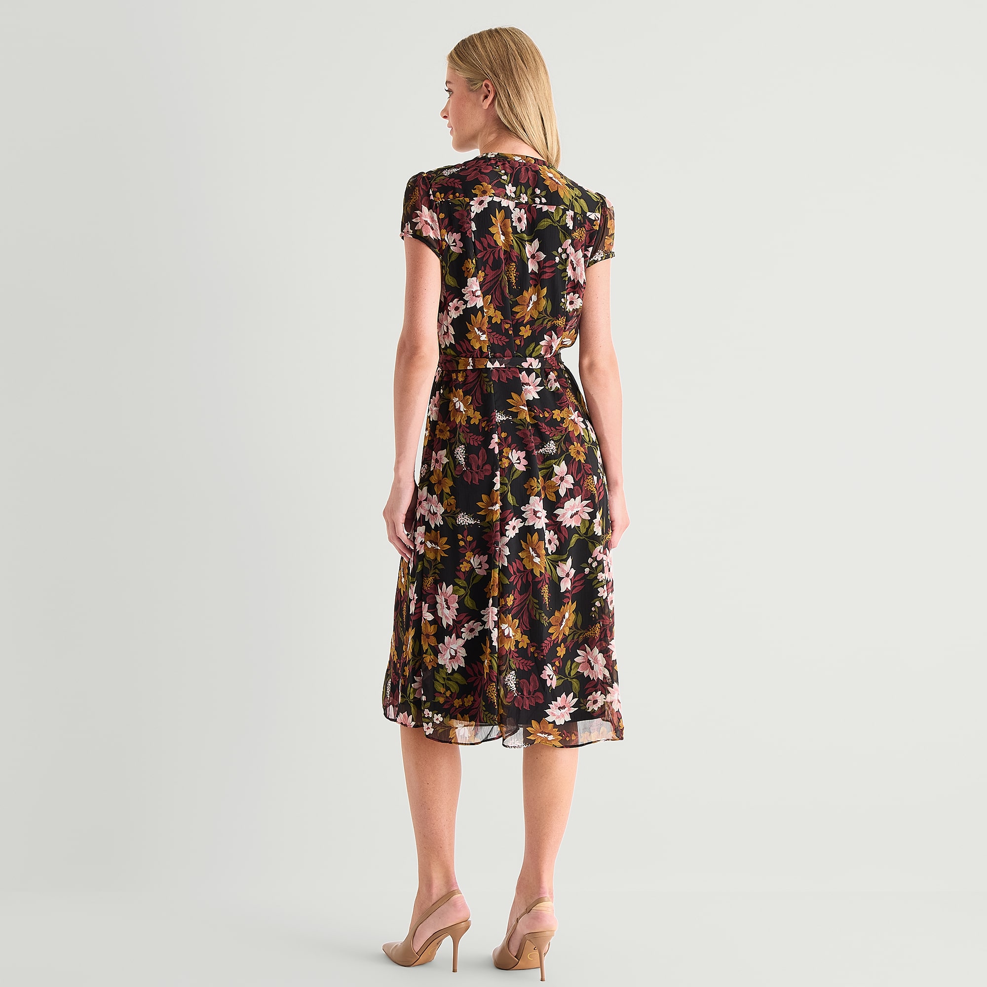 MSK Womens V Neck Short Sleeve Cap Chiffon Floral Fit + Flare Dress