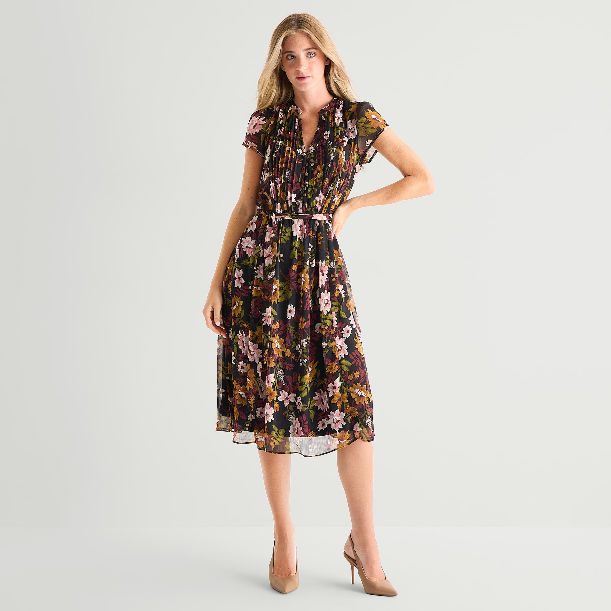 MSK Womens V Neck Short Sleeve Cap Chiffon Floral Fit + Flare Dress