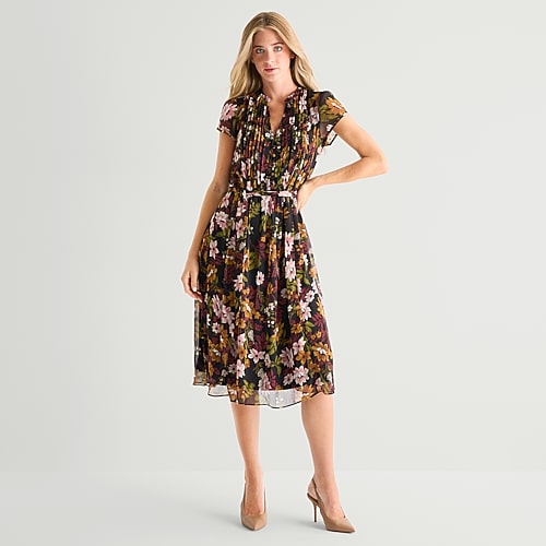 Msk Womens V Neck Short Sleeve Cap Chiffon Floral Fit + Flare Dress In Brown