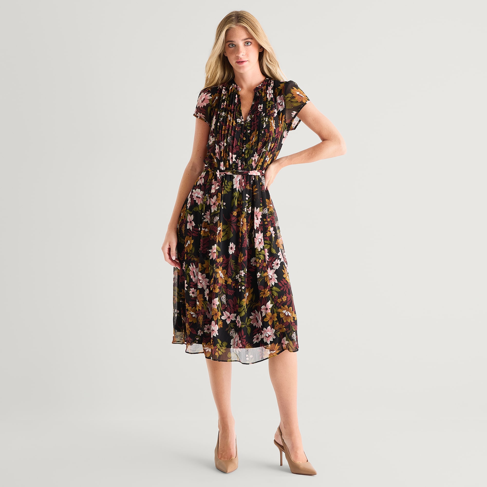 MSK Womens V Neck Short Sleeve Cap Chiffon Floral Fit + Flare Dress