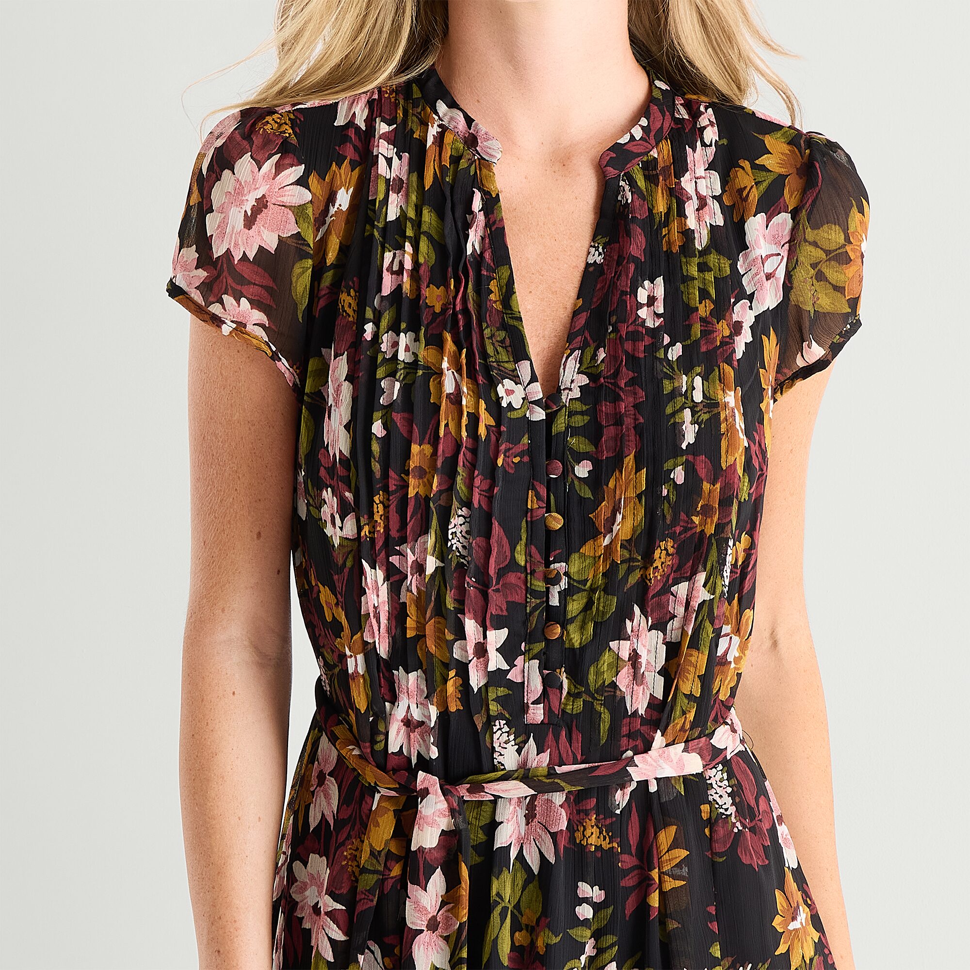 MSK Womens V Neck Short Sleeve Cap Chiffon Floral Fit + Flare Dress
