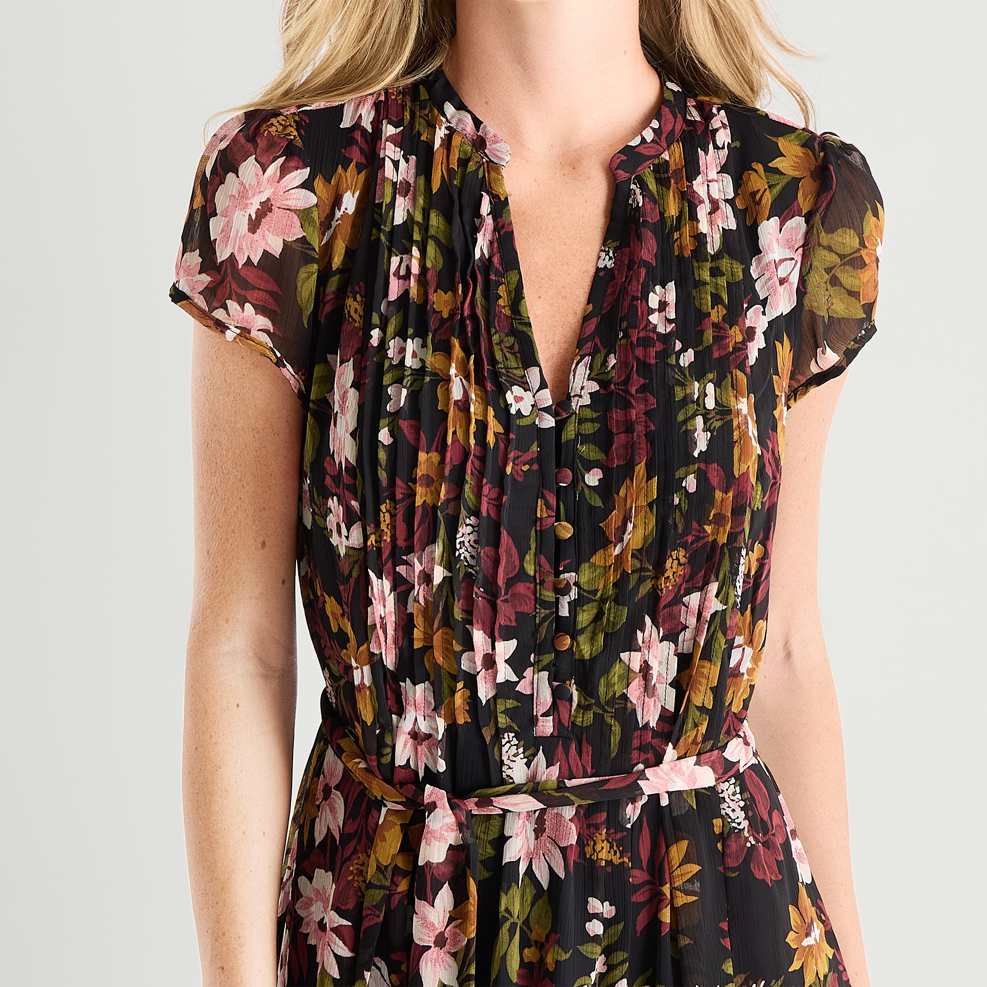 MSK Womens V Neck Short Sleeve Cap Chiffon Floral Fit + Flare Dress